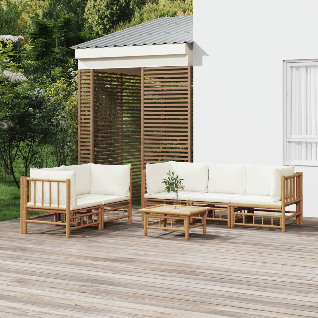 Salon de jardin 6 pcs avec coussins blanc crème bambou - XIOS