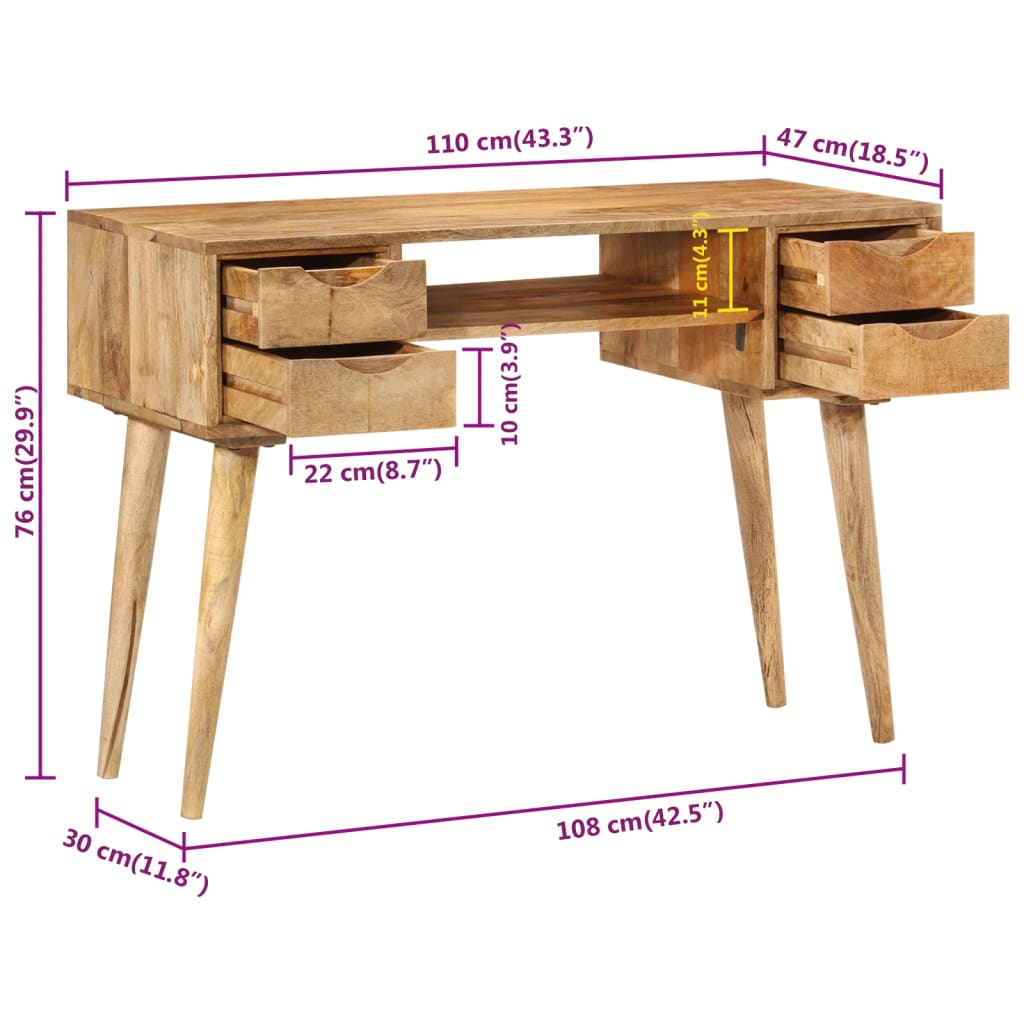 Bureau avec tiroirs 110x47x76 cm bois de manguier solide