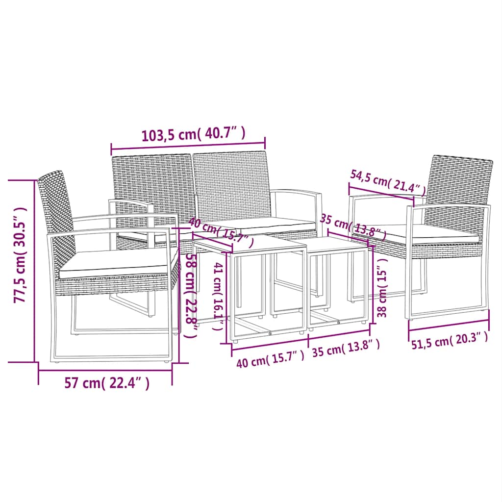 Ensemble à manger de jardin 5 pcs et coussins marron rotin PP - XIOS