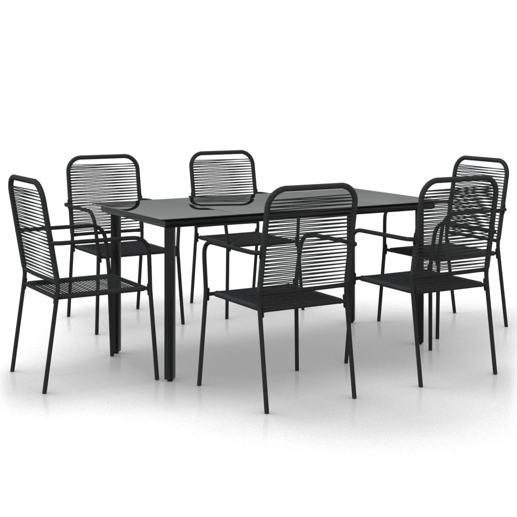 Ensemble à manger de jardin 7 pcs Noir Corde de coton et acier