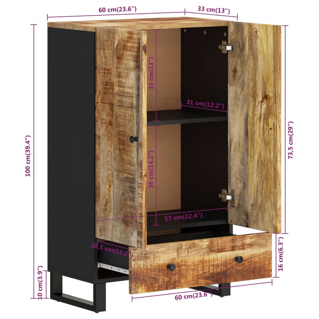 Buffet haut avec tiroir 60x33x100cm bois massif manguier et fer