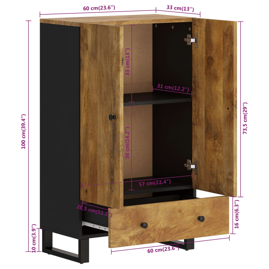 Buffet haut avec tiroir 60x33x100cm bois massif manguier et fer