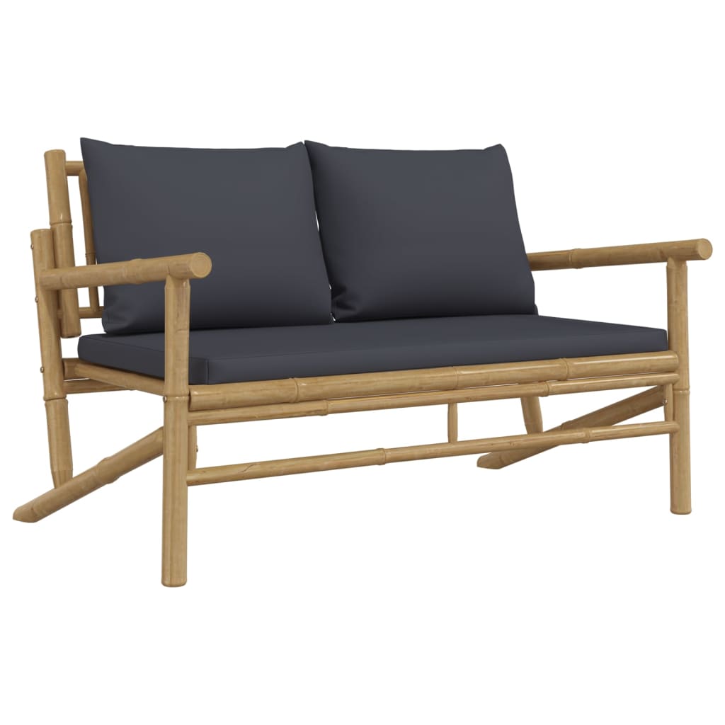 Salon de jardin 3 pcs avec coussins gris foncé bambou