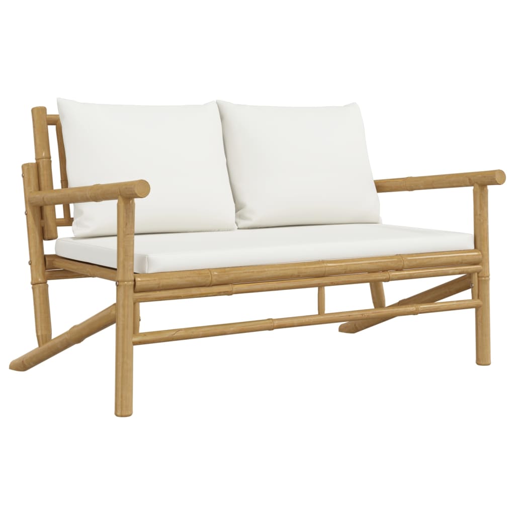 Salon de jardin 5 pcs avec coussins blanc crème bambou