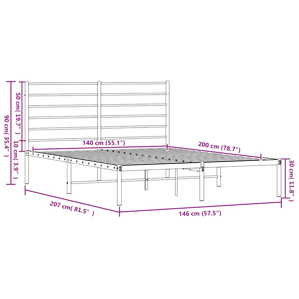Cadre de lit métal sans matelas avec tête de lit noir 140x200cm - XIOS