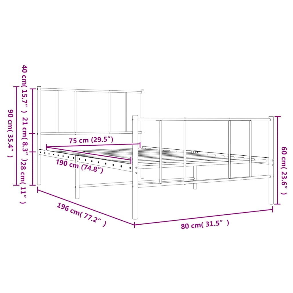Cadre de lit métal sans matelas avec pied de lit blanc 75x190cm - XIOS