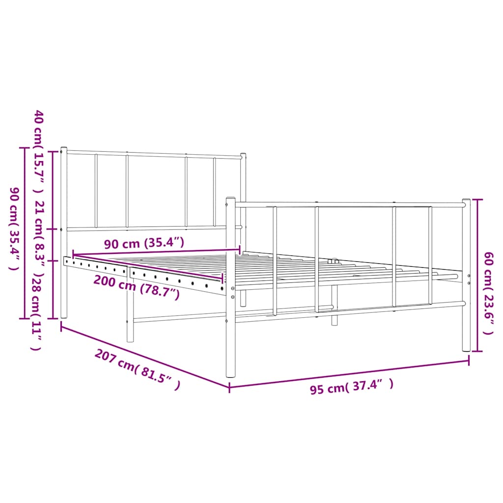 Cadre de lit métal sans matelas avec pied de lit blanc 90x200cm