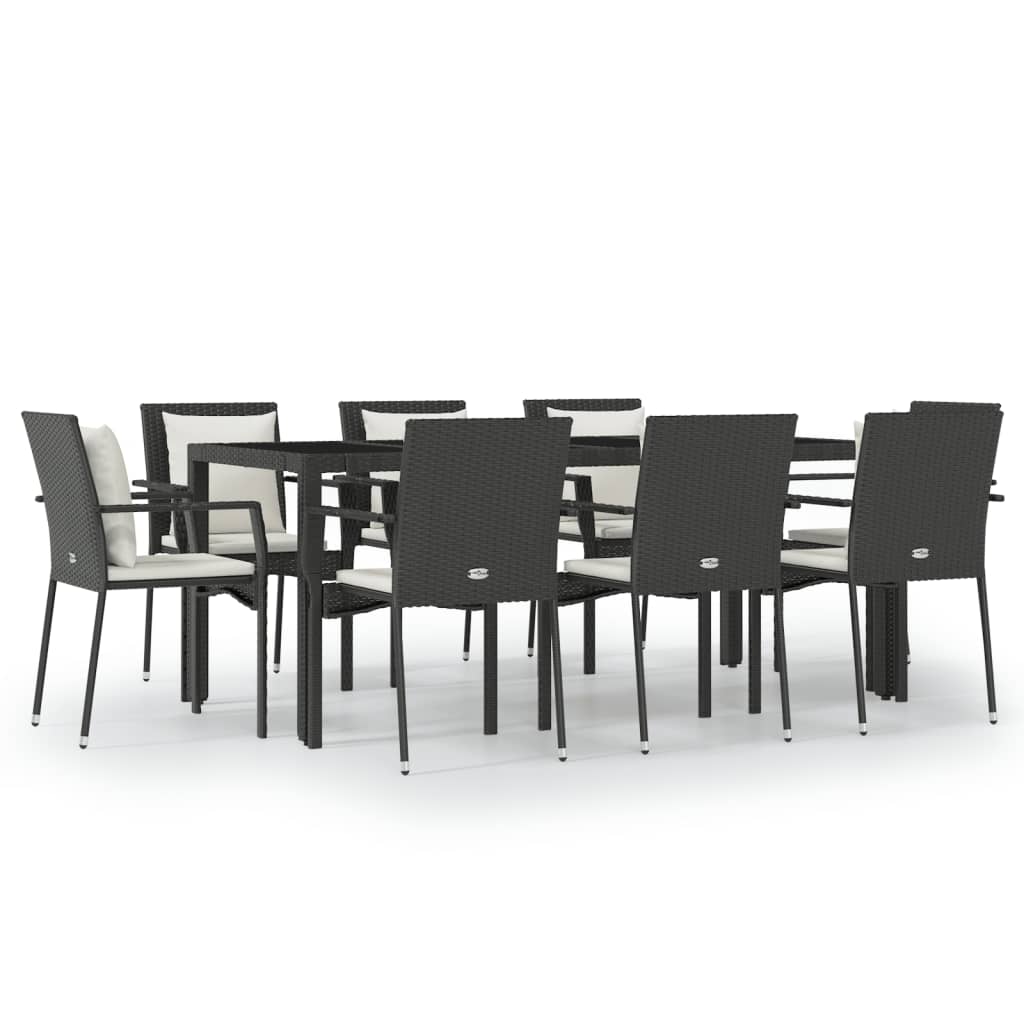 Ensemble à manger jardin 9pcs et coussins noir résine tressée