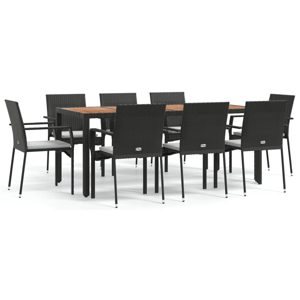 Ensemble à manger jardin 9pcs et coussins noir résine tressée