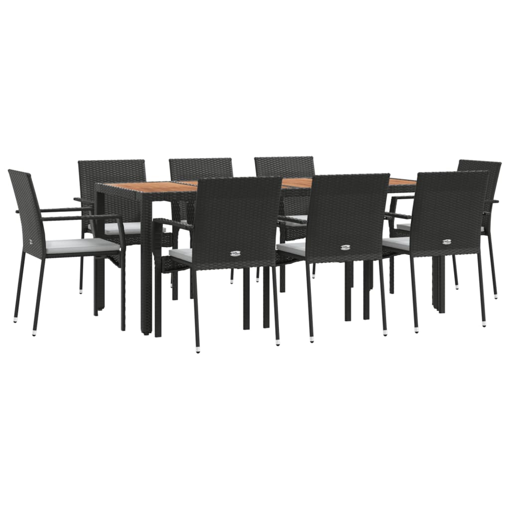 Ensemble à manger jardin 9pcs et coussins noir résine tressée