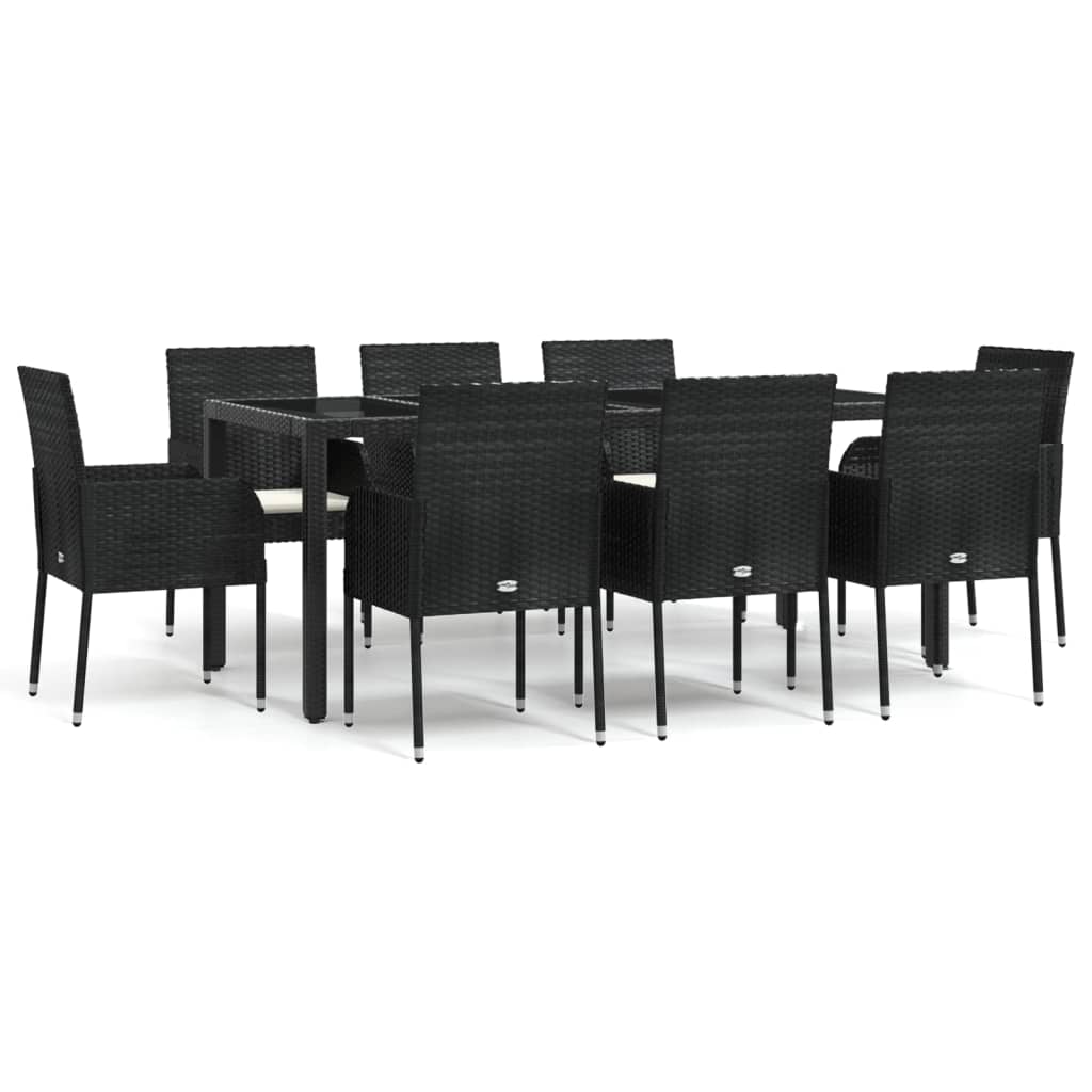 Ensemble à manger jardin 9pcs et coussins noir résine tressée