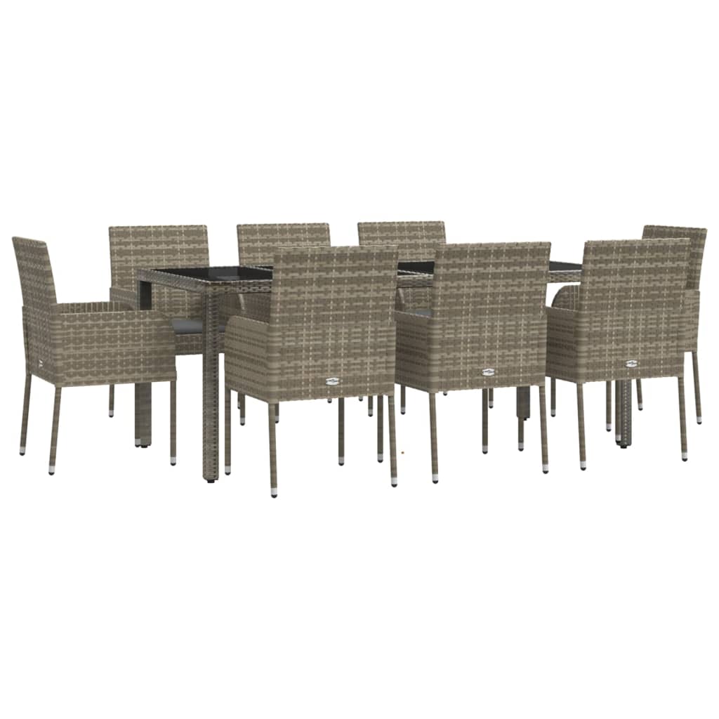 Ensemble à manger de jardin 9 pcs coussins gris résine tressée