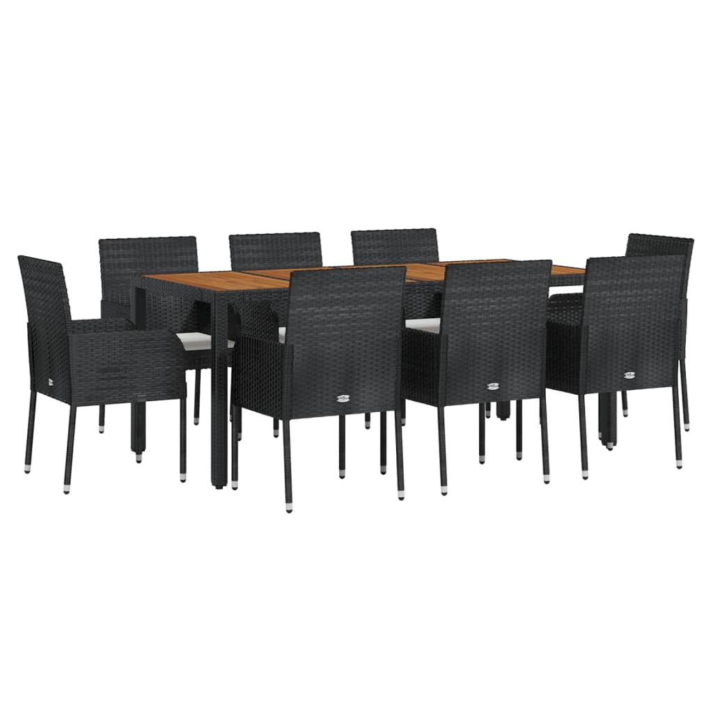 Ensemble à manger jardin 9pcs et coussins noir résine tressée