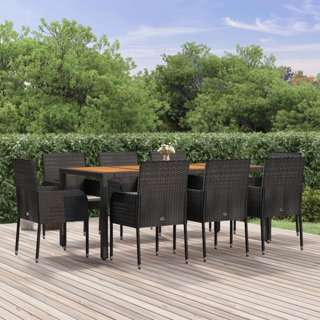 Ensemble à manger jardin 9pcs et coussins noir résine tressée