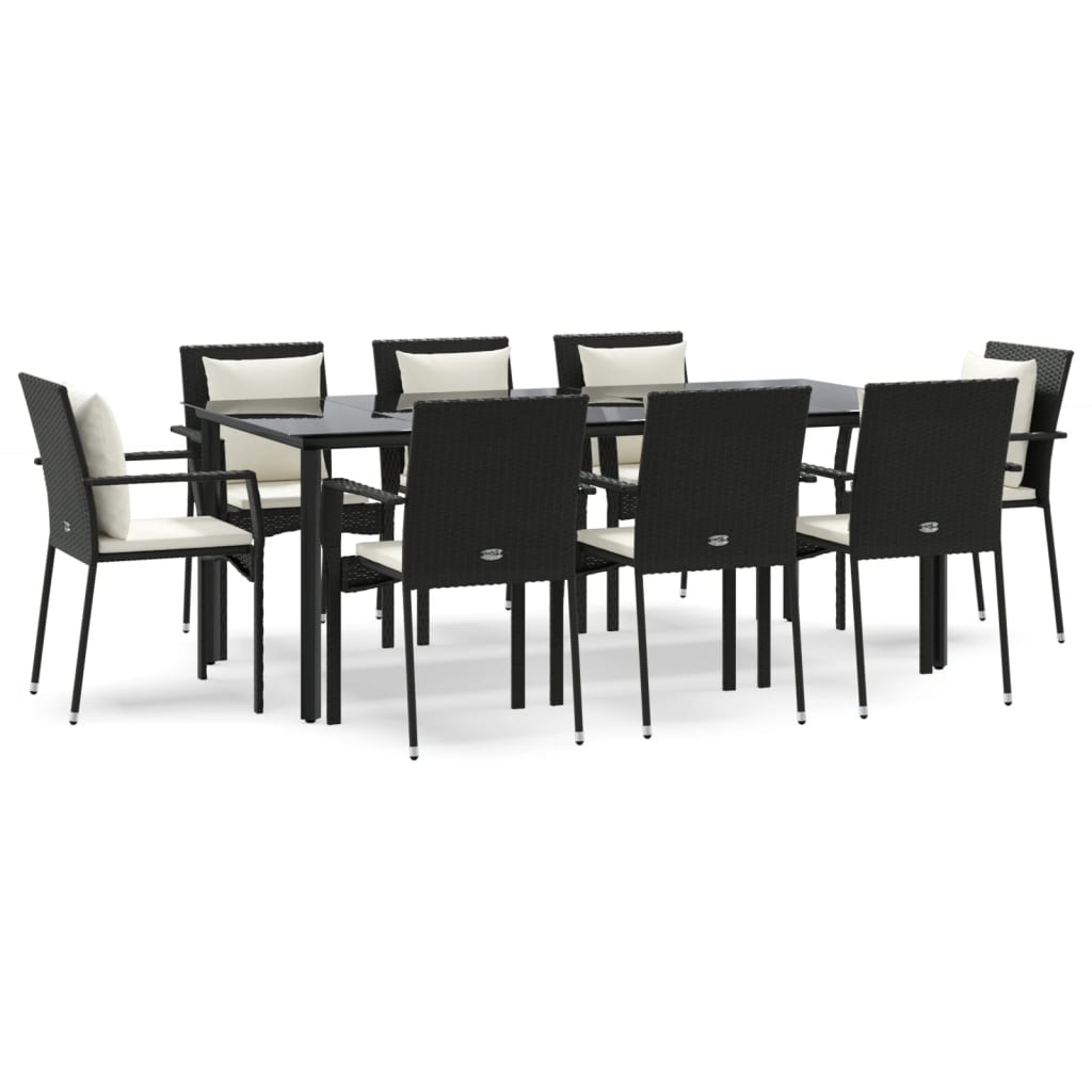 Ensemble à manger jardin 9pcs et coussins noir résine tressée