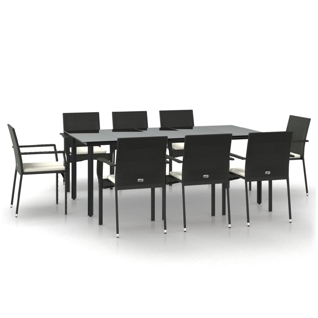 Ensemble à manger jardin 9pcs et coussins noir résine tressée