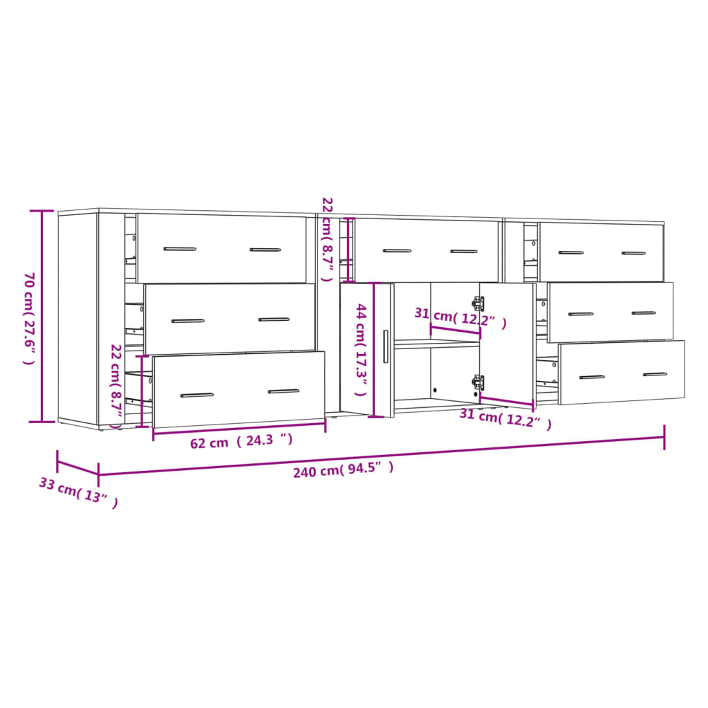 Buffets 3 pcs gris béton bois d'ingénierie - XIOS