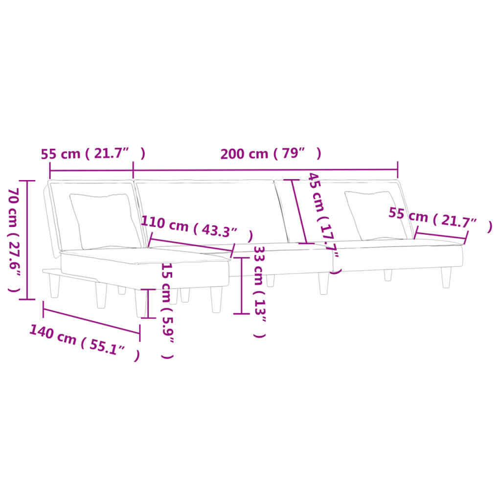 Canapé-lit en forme de L bleu 255x140x70 cm velours