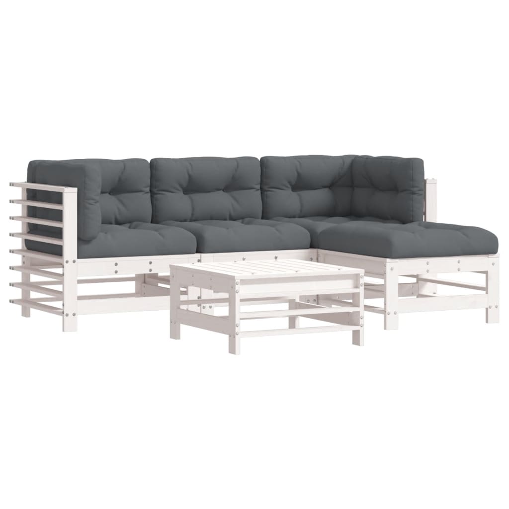 Salon de jardin 5 pcs avec coussins blanc bois massif