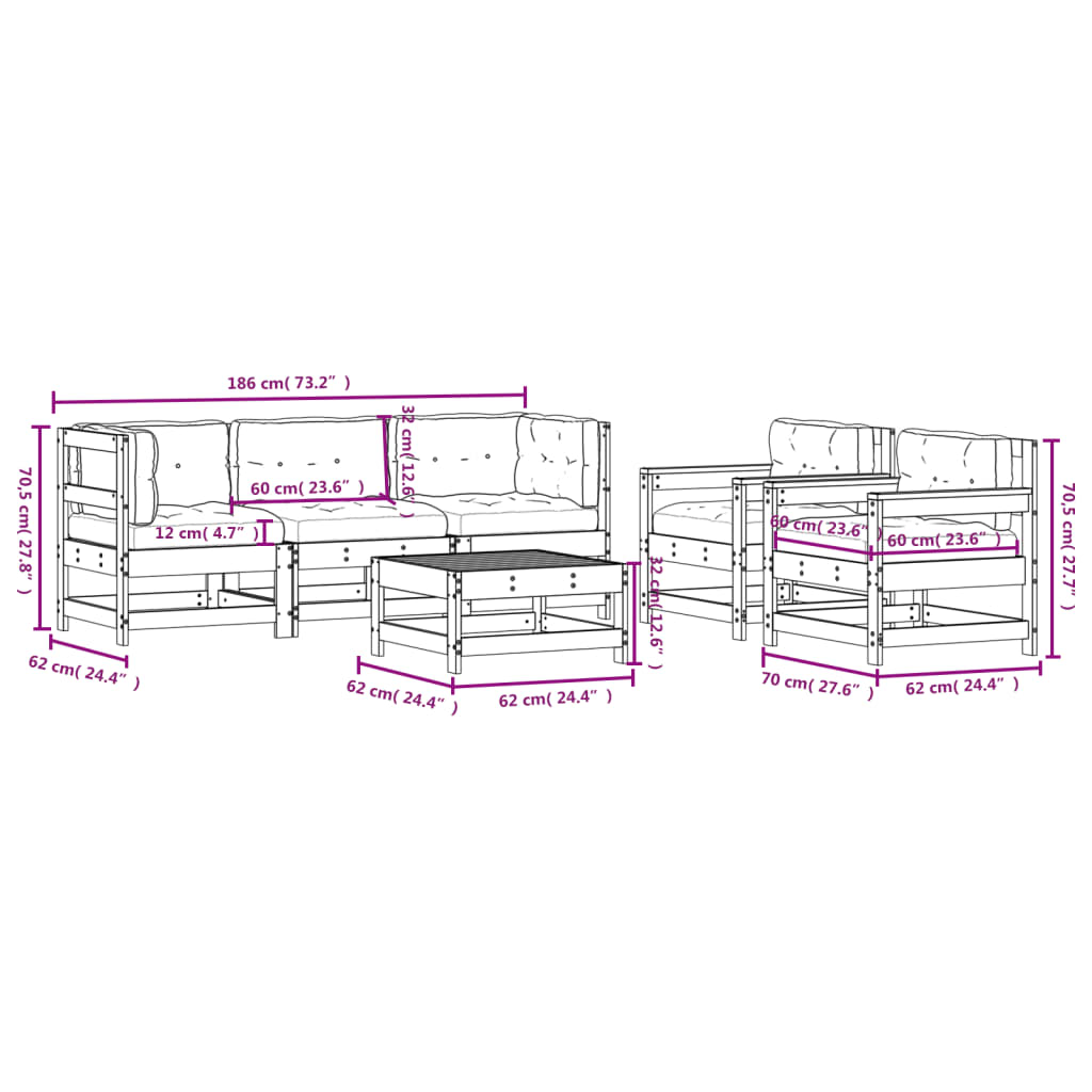 Salon de jardin 6 pcs avec coussins bois massif
