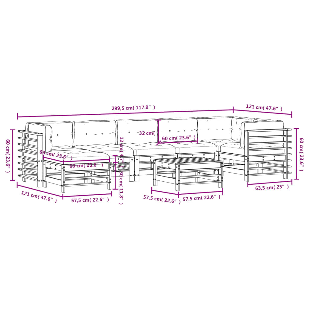 Salon de jardin 8 pcs avec coussins blanc bois massif