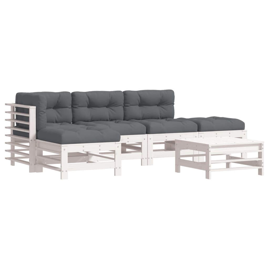Salon de jardin 6 pcs avec coussins blanc bois massif