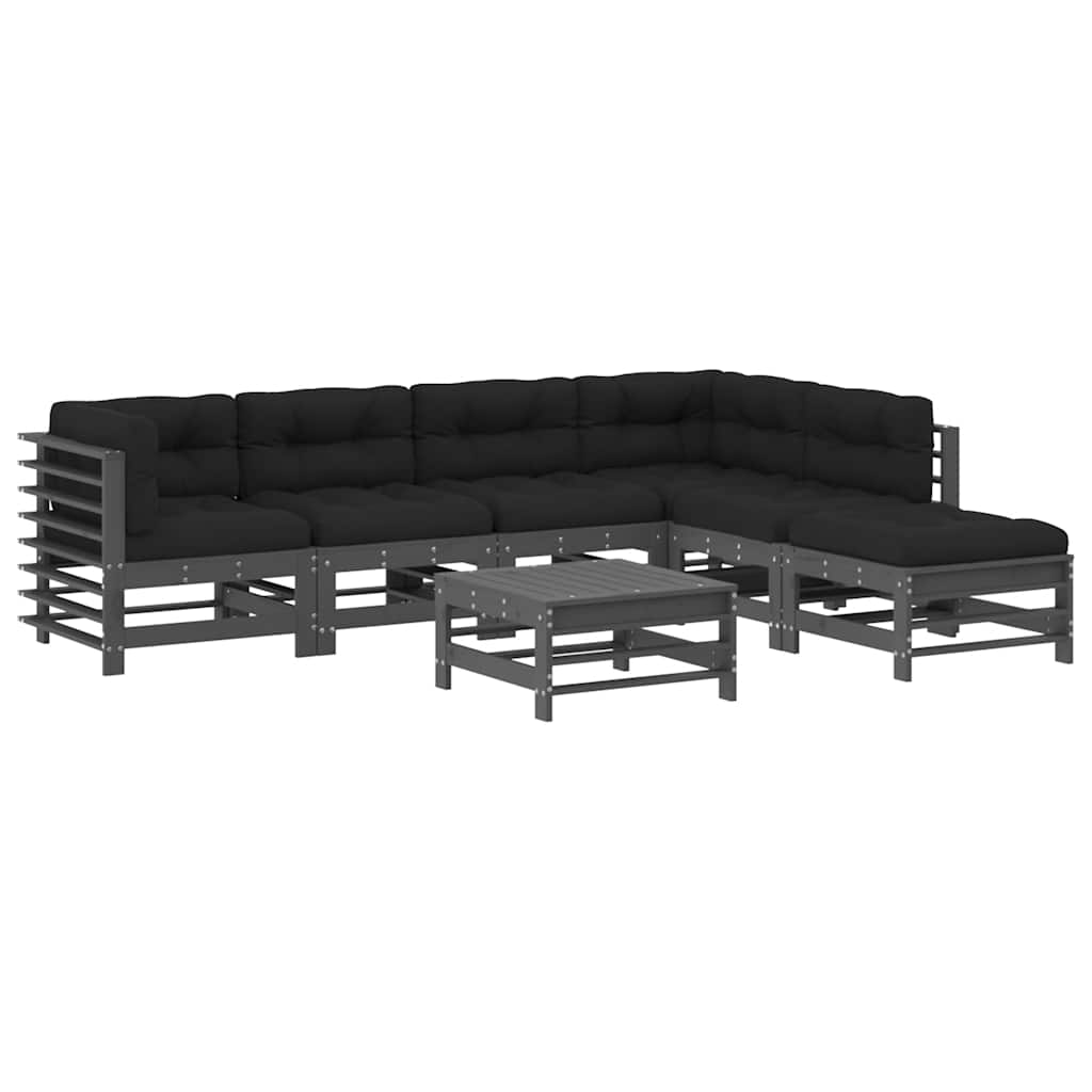 Salon de jardin 7 pcs avec coussins gris bois massif