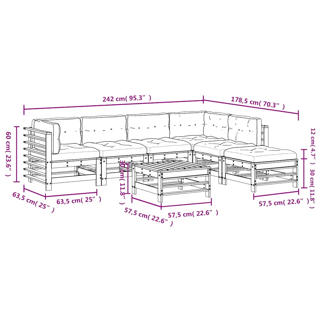 Salon de jardin 7 pcs avec coussins gris bois massif