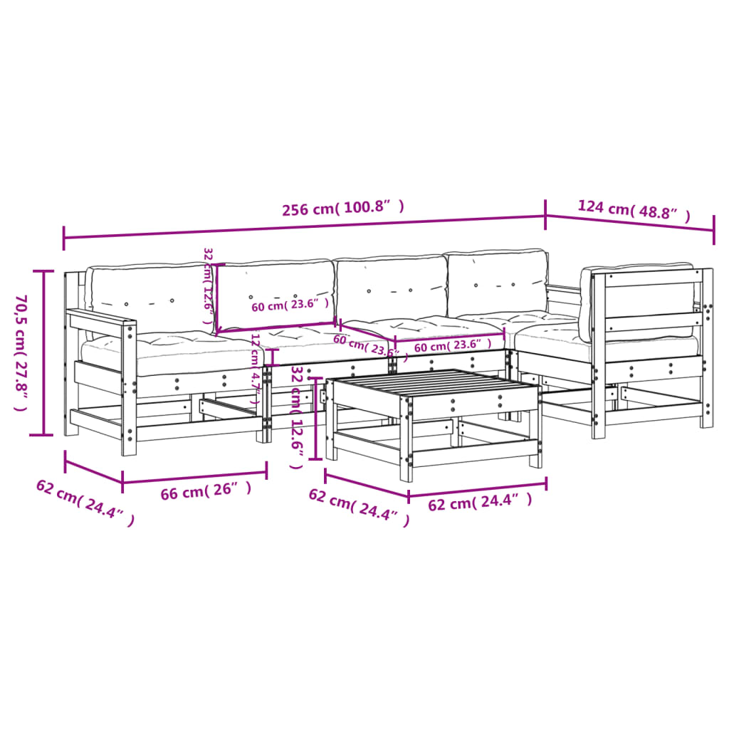 Salon de jardin 6 pcs avec coussins bois massif