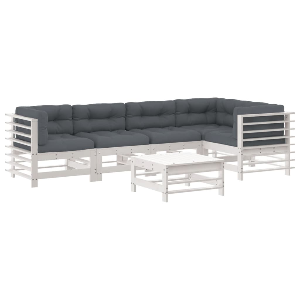 Salon de jardin 6 pcs avec coussins blanc bois massif