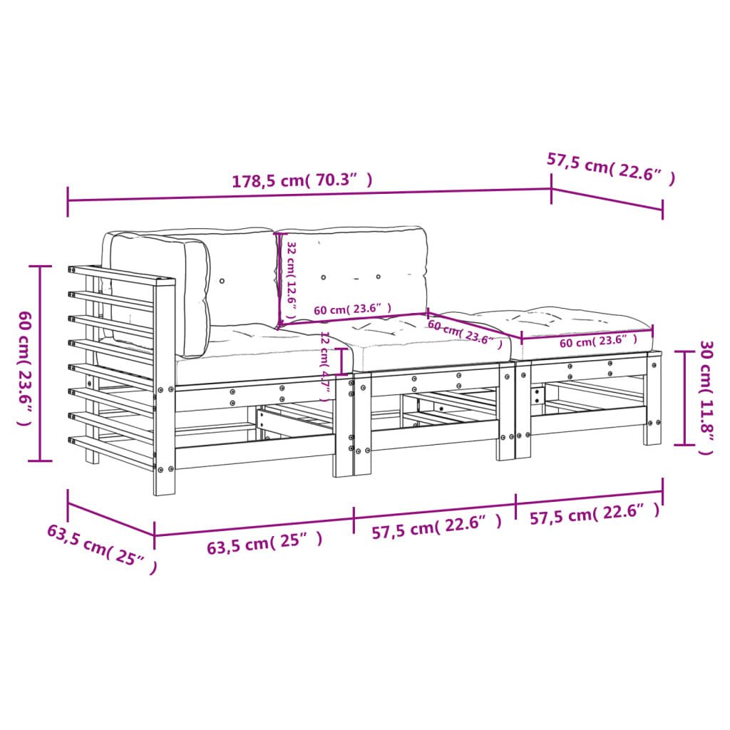 Salon de jardin 3 pcs avec coussins blanc bois massif