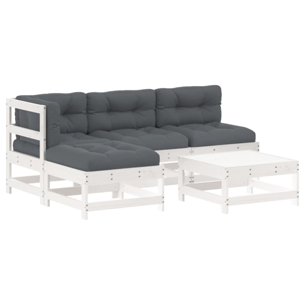 Salon de jardin 5 pcs avec coussins blanc bois massif