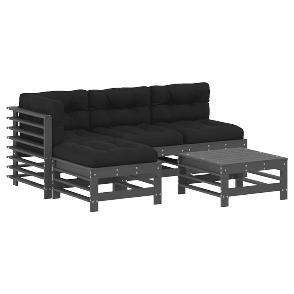Salon de jardin 5 pcs avec coussins gris bois massif