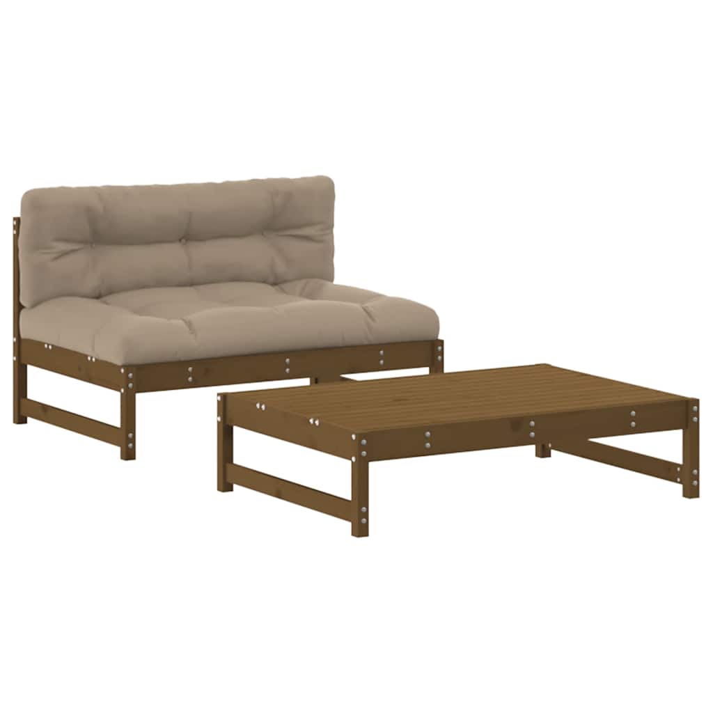 Salon de jardin 2 pcs avec coussins marron miel bois massif