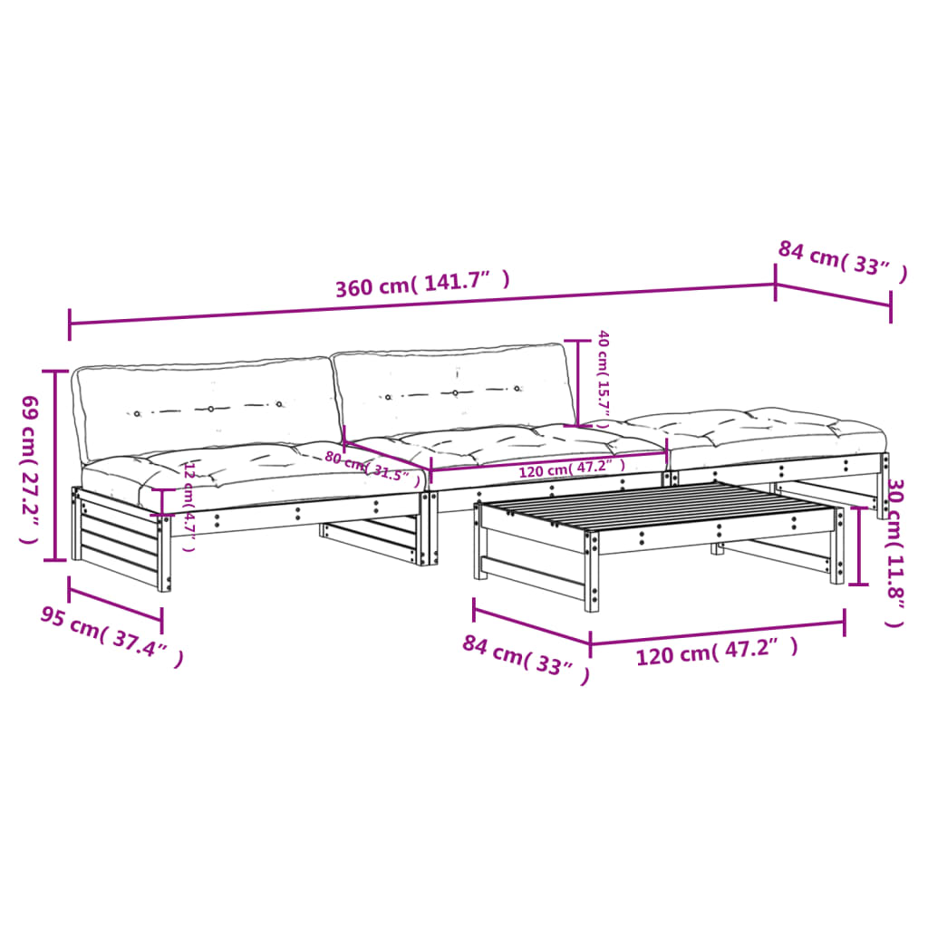 Salon de jardin 4 pcs avec coussins blanc bois massif