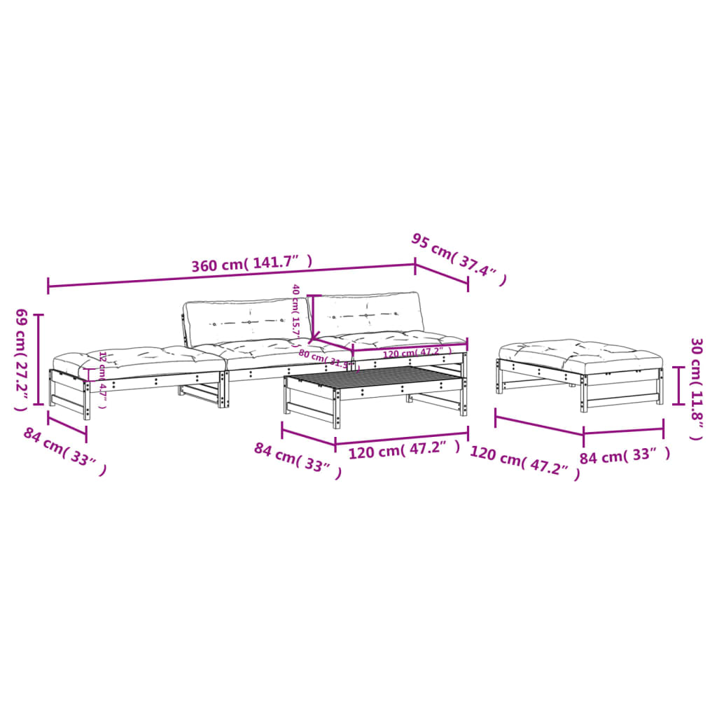 Salon de jardin 5 pcs avec coussins blanc bois massif