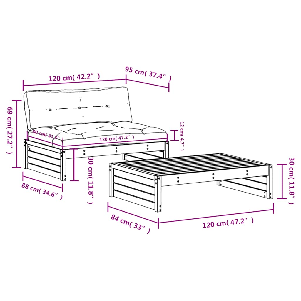 Salon de jardin 2 pcs avec coussins noir bois massif