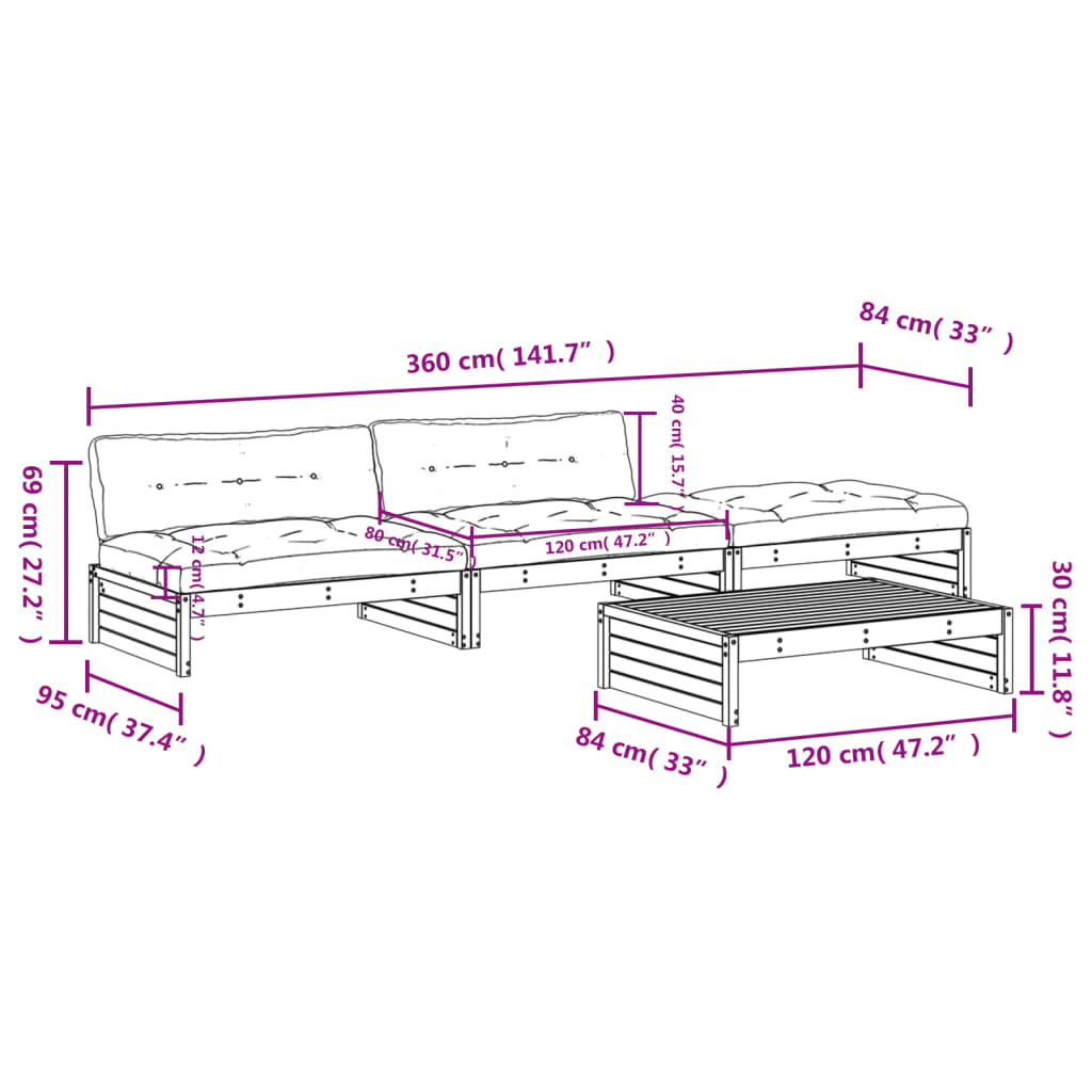 Salon de jardin 4 pcs avec coussins blanc bois massif