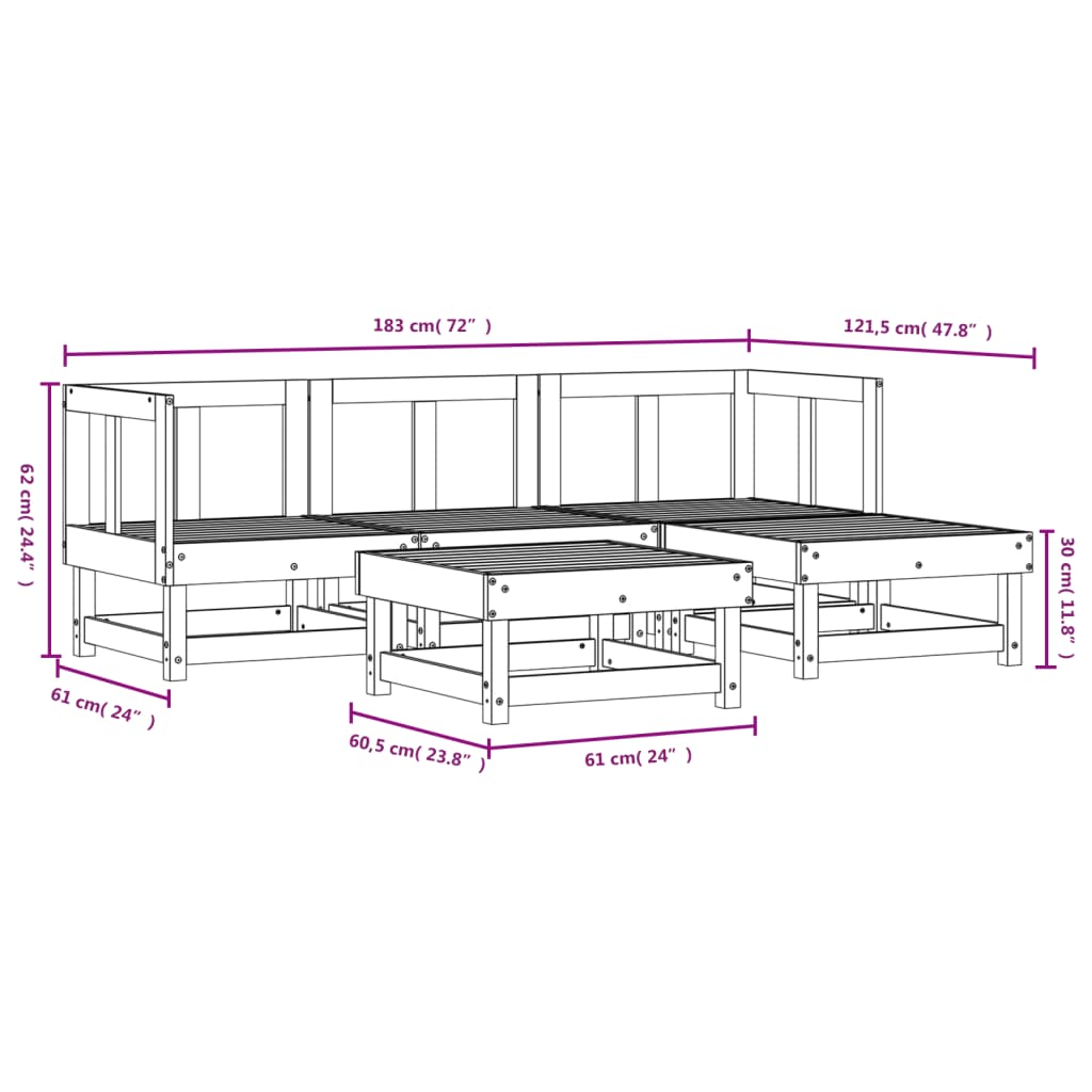 Salon de jardin 5 pcs blanc bois massif de pin