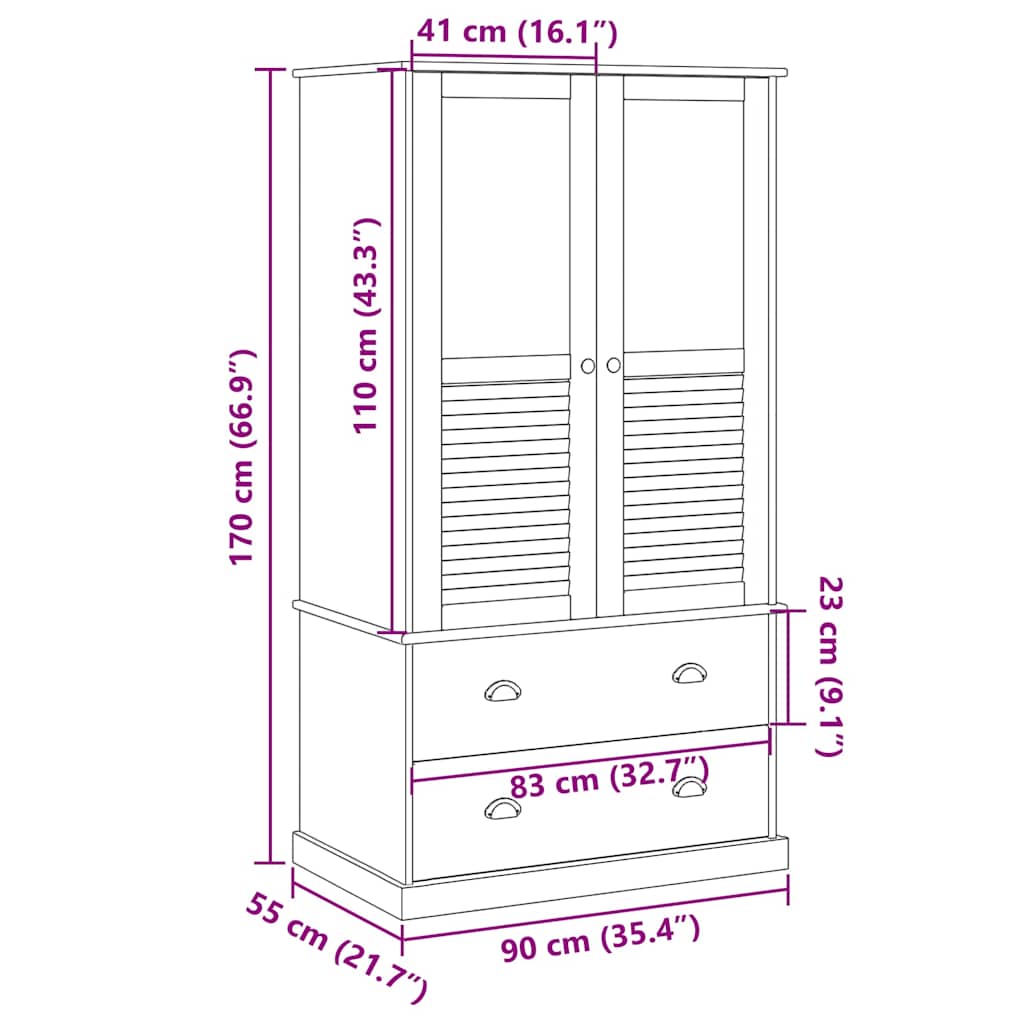 Garde-robe VIGO 90x55x170 cm bois massif de pin - XIOS