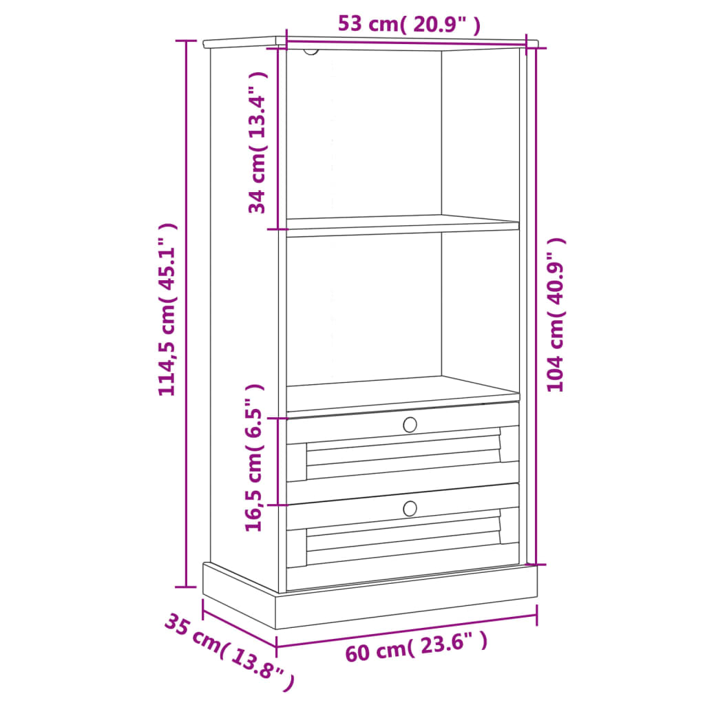 Bibliothèque VIGO gris 60x35x114,5 cm bois massif de pin - XIOS