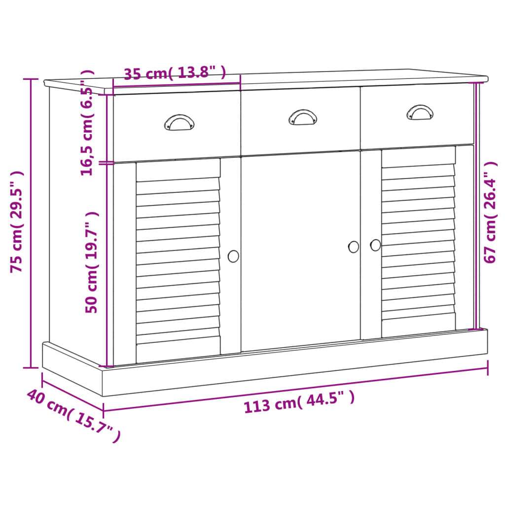 Buffet avec tiroirs VIGO 113x40x75 cm gris bois massif de pin - XIOS