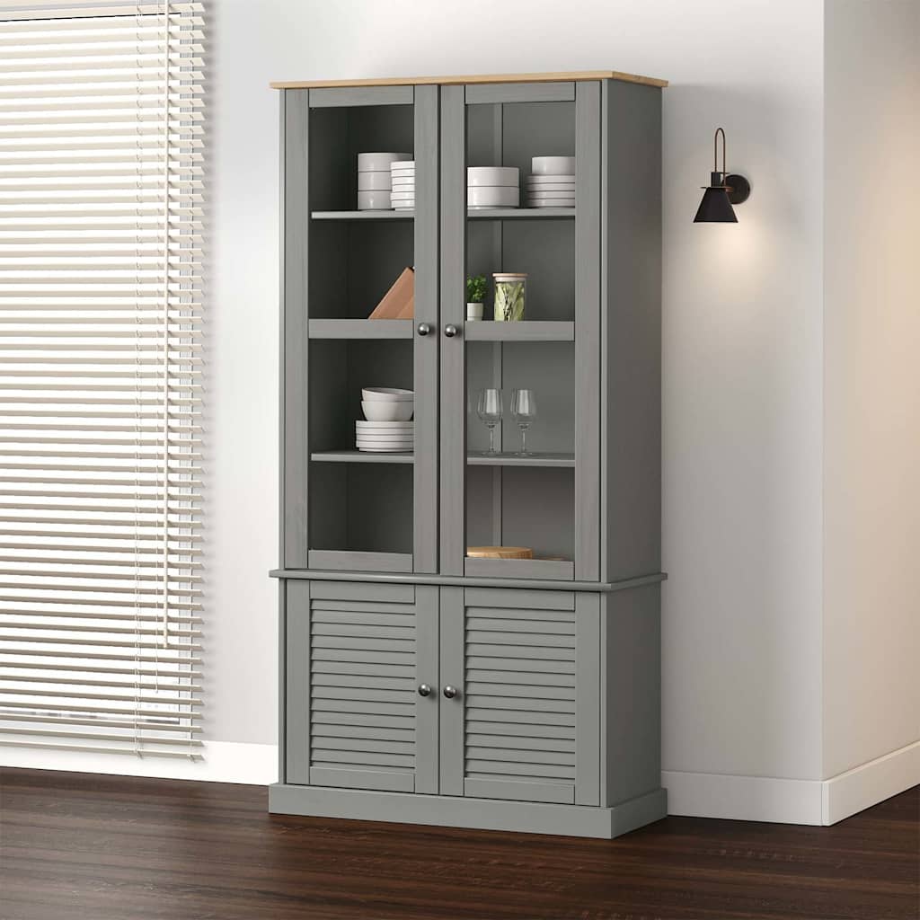 Vitrine en verre VIGO gris 85x35x170 cm bois massif de pin - XIOS