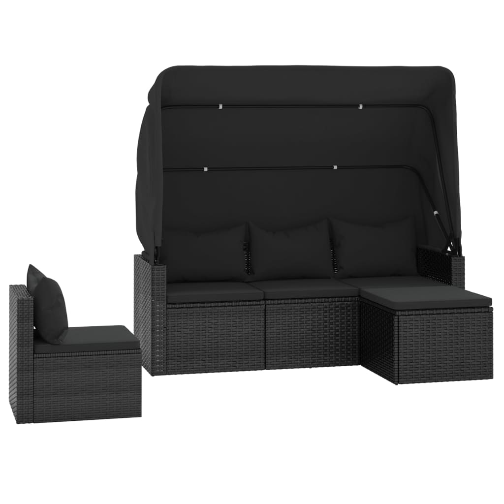 Salon de jardin 4 pcs avec coussins noir résine tressée