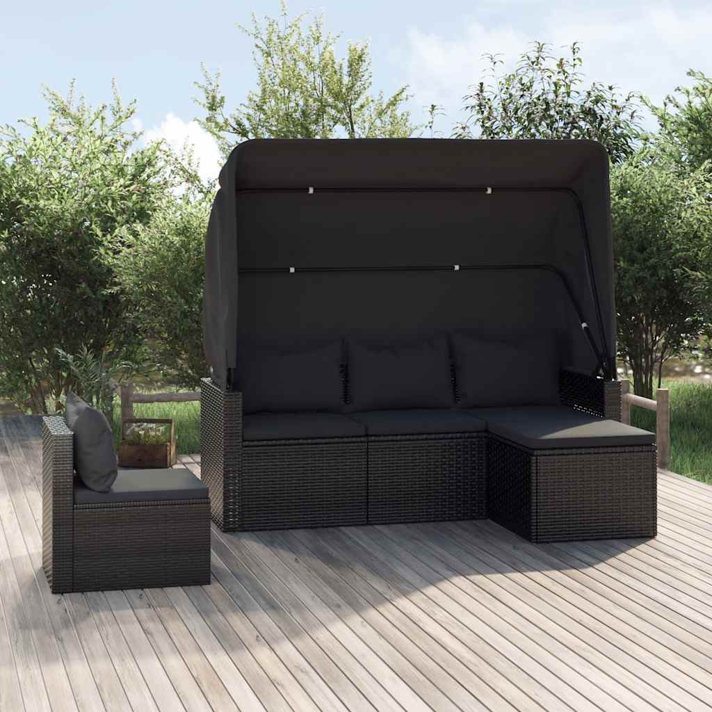 Salon de jardin 4 pcs avec coussins noir résine tressée
