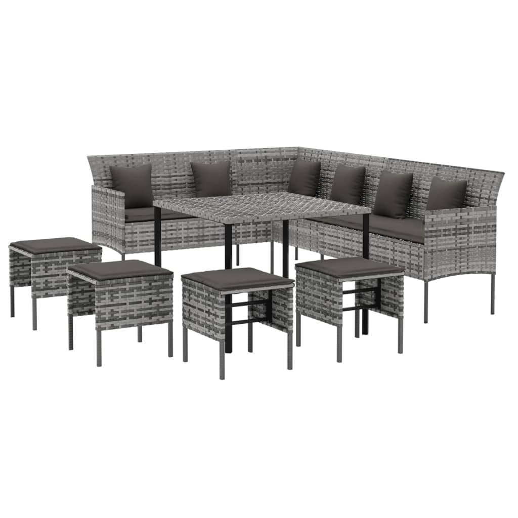 Ensemble à manger jardin 6pcs et coussins gris résine tressée