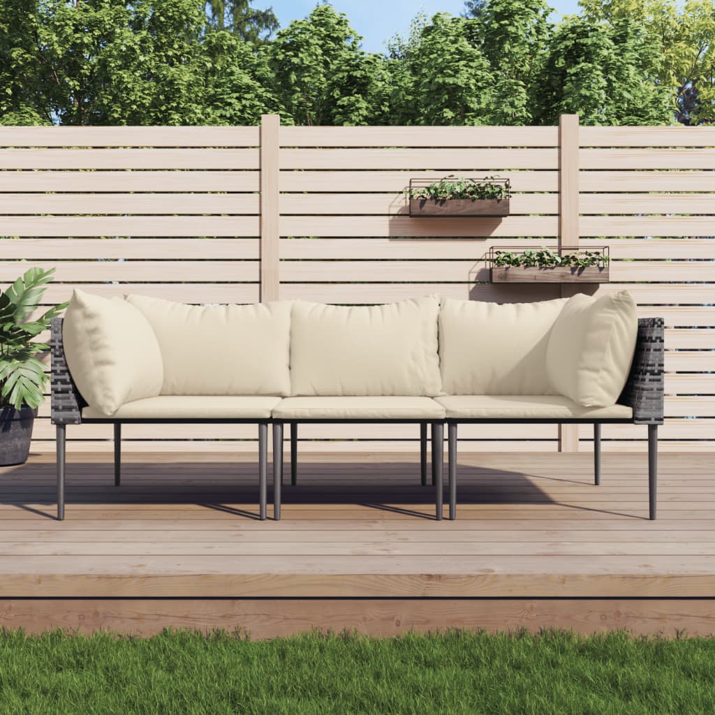 Salon de jardin 3 pcs avec coussins Gris Résine tressée