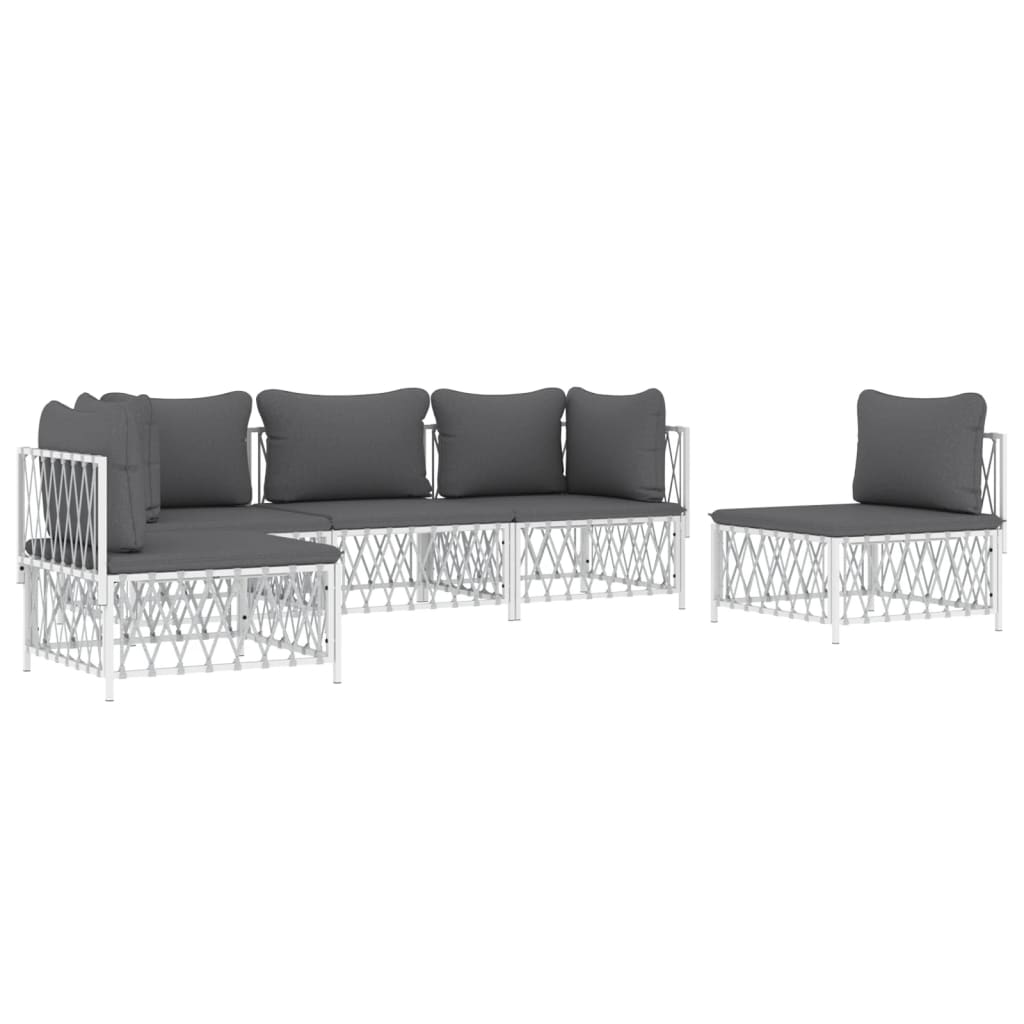Salon de jardin avec coussins 5 pcs blanc acier