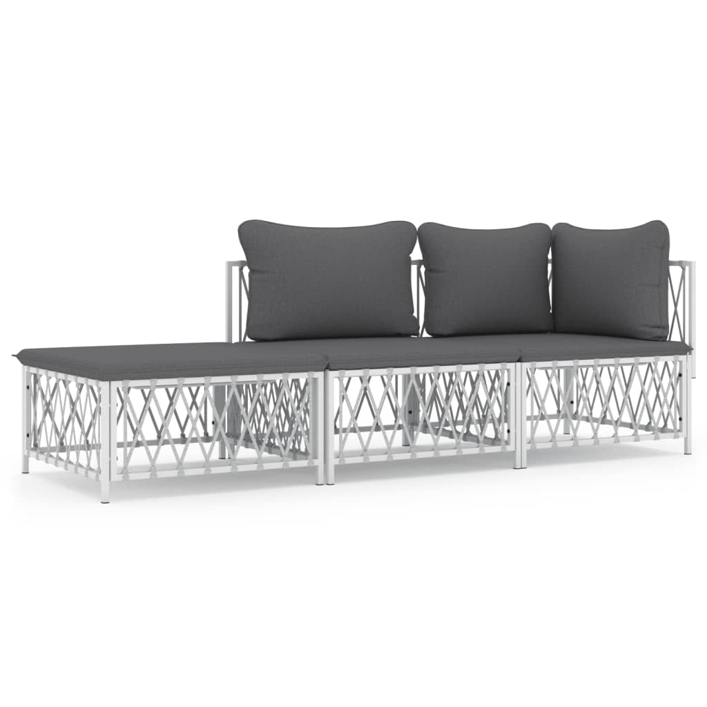 Salon de jardin avec coussins 3 pcs blanc acier