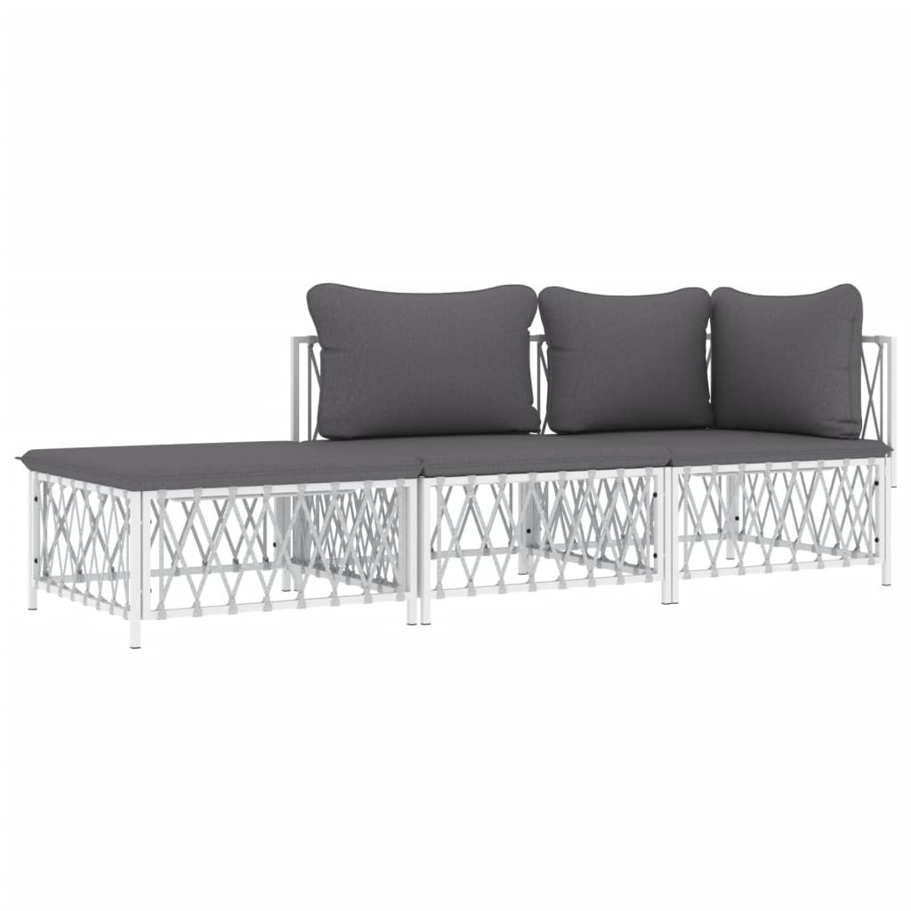 Salon de jardin avec coussins 3 pcs blanc acier